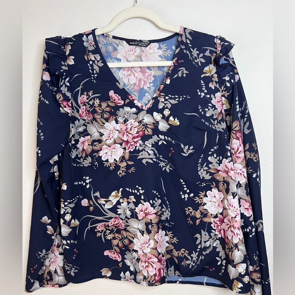 SHEIN Floral V-Neck Blouse - Navy and Pink